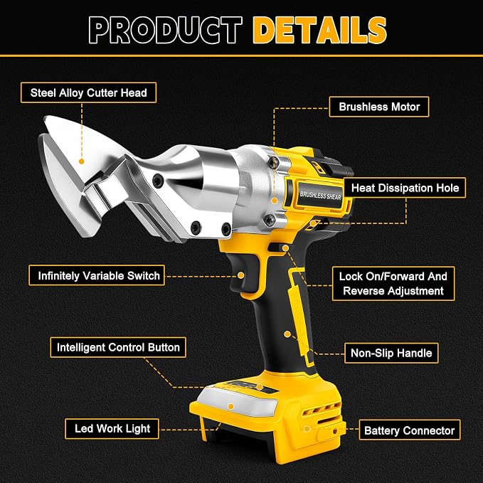 Brushless Cordless Metal Shear Compatible with DEWALT 20v Max Battery 133 ft·lb Torque Cuts up to 14GA Metal/Iron 360 Degree Pivoting Head (Tool Only)