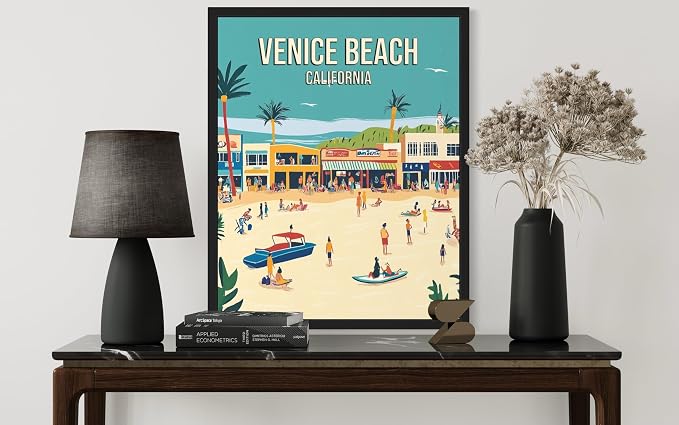 Venice Beach California Wall Art Print Poster, US Vintage Retro Beach Scenery Posters Prints for Restroom Home Picture Painting Artwork Gallery 219 (Venice Beach California, 16 x 20 inches, Black Frame)