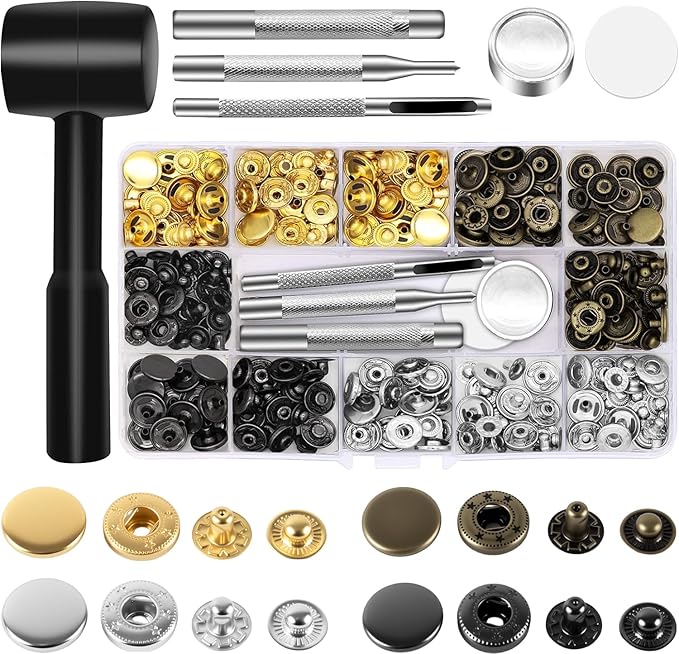 Alritz 15mm Leather Snap Button Kits with Hammer Punch Spacer, 90 Sets Metal Snaps Press Studs with 4 Setter Tools for Thin Clothes, Jackets, Jeans Wears, Bracelets, Bags