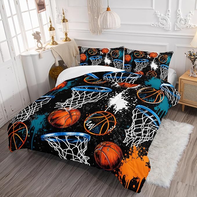 Axolotl Basketball Comforter Set King Size,Basketball Sports Comforter Set,Ball Sport Bedding,Sports Theme Bedding,Grunge Aesthetic Cool Bed for Boys Kids Men,1 Quilt 2 Pillowcases