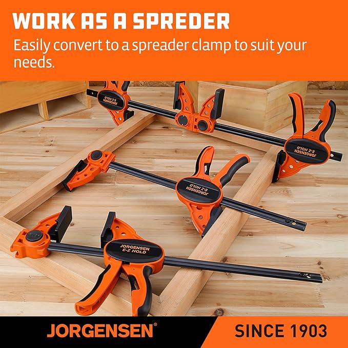 Jorgensen 18" Bar Clamps for Woodworking, Medium Duty E-Z Hold Bar Clamp Set, One-Handed Expandable Clamp/Spreader, 400 lbs Load Limit, 2-Pack
