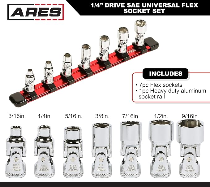 ARES 39014 7-Piece 1/4-Inch Drive SAE Universal Flex Socket Set | 6-Point Sockets from 3/16-Inch to 9/16-Inch; Universal Joint Flex Design For 360 Degree Access