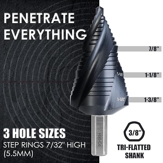 Matework M35 Cobalt Step Drill Bit, Four Spiral Flute Unibit Step Drill Bit (3/16"-1-3/8") Wear-Resistant TiAlN Coated, 3/8" Shank for Metal, Carbon Steel, Stainless Steel, Wood, Plastic (19 Size)