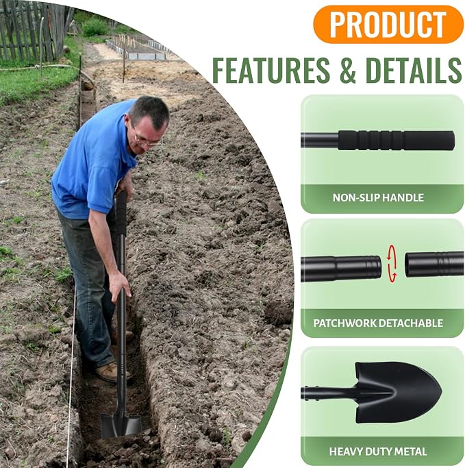 Small Shovels for Digging, Garden Spade Shovel Beach Shovels with 43.3in Handle,Heavy Duty Portable Metal Shovel for Gardening Camping Trenching Digging Landscaping,Off-Road Use, Black