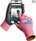 KAYGO Work Gloves PU Coated for Men and Women, 12 Pairs Safety Work Gloves with Two Fingers Touchscreen, Breathable and Lightweight,Ideal for Light Warehouse, Manufacturing, Gardening, KG11P (L,Pink)