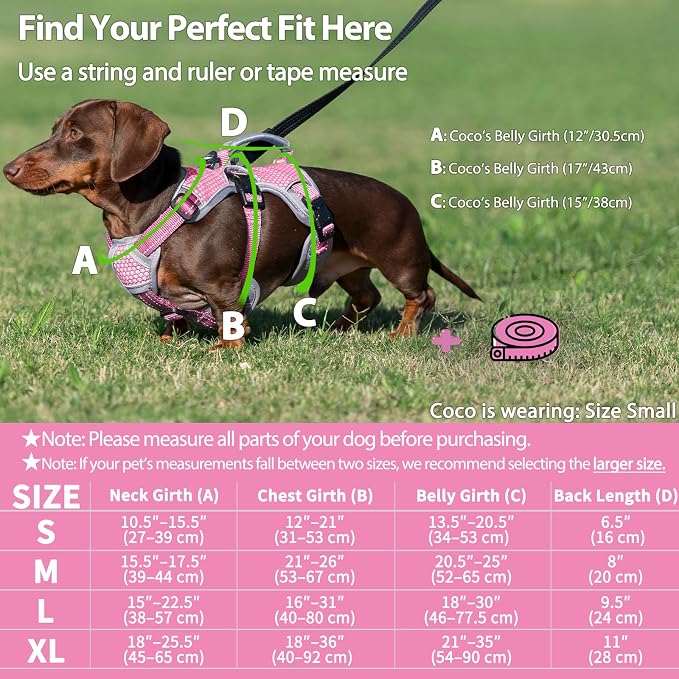 Escape Proof Dog Harness, Dachshund Harness, Reflective Dog Harness with Handle, Durable,Adjustable Vest for Small Medium Large Dogs Walking, Training, and Running Gear (Pink,M)