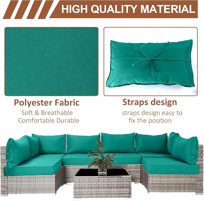 14 Piece Outdoor Patio Cushion Covers Replacement, Waterproof Outdoor Furniture Cushion Covers, Fit 7 Pcs 6 Seater Wicker Rattan Patio Conversation Sofa Set,Teal,25.6x25.6