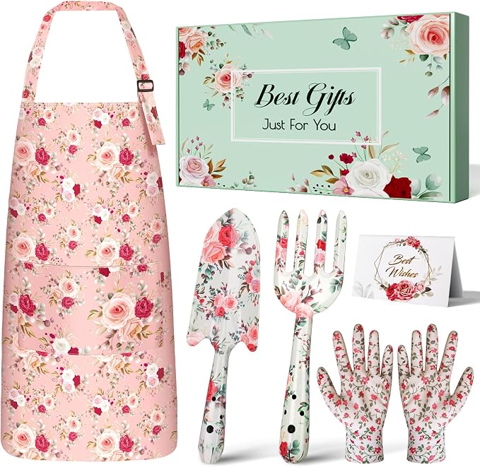 Gardening Gifts for Women, Gardening Tools for Mom Grandma Wife, Garden Tools with Hand Fork Trowel Gloves Apron, Gardening Supplies Kit Birthday Present Pink