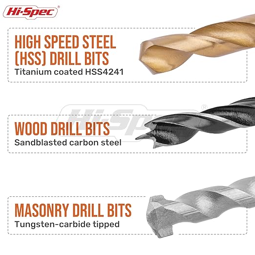 Hi-Spec Drill Bit Set 130pc Multi SAE – 11 Sizes 1/16in to 3/8in – HSS Titanium, Masonry & Brad Point Steel Bits – Metal Drill Bits for Metal, Wood, Plastic, Drywall, Brick & Concrete – With Tray Case
