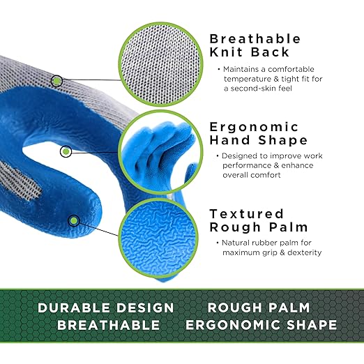 SHOWA Atlas 300 Original 1994 Crinkle Grip Work Gloves, Natural Latex Palm, Heavy Duty 10-Gauge for Construction, Landscaping, Gardening, & Masonry, Blue, Large, 1-Pair
