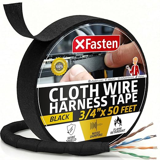 XFasten Wire Harness Tape, 3/4-Inch x 50-Foot, High Temp Wiring Loom Harness, Self-Adhesive Felt Cloth Electrical Tape for Automotive Engines, Noise Dampening, and Cable Protection