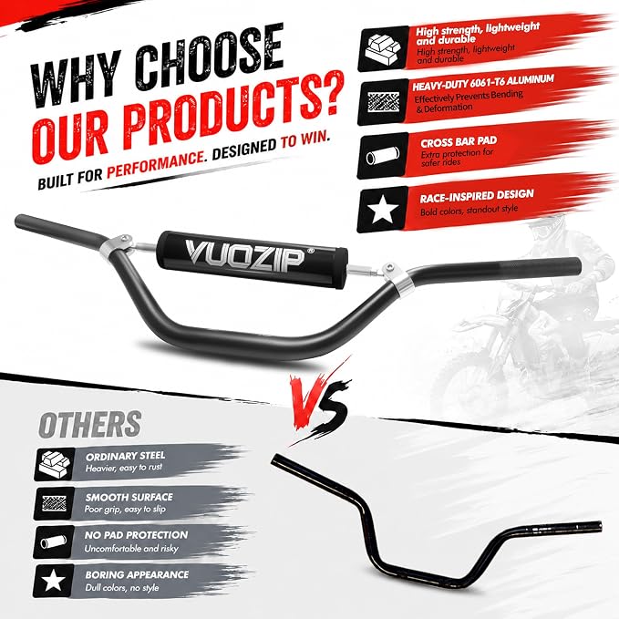 1-1/8" 28mm Mid-Rise Dirt Bike Handlebars - 6061-T6 Aluminum Heavy-Duty Handlebar with Foam Pad, Grips & Riser Clamp Kit, Universal Fit for Motocross Pit Bike ATV Quad (Type-C)