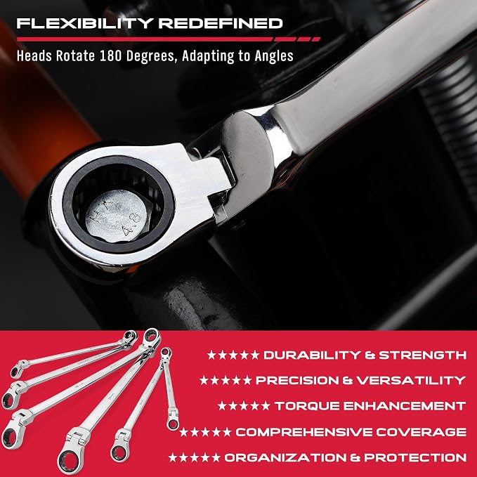 Extra Long Flex-Head Ratcheting Wrench Set, Anti-Slip 6-Piece Double Box End Wrench Set, 72-Teeth, Metric 8-19mm, CR-V Steel Wrench with Rolling Pouch