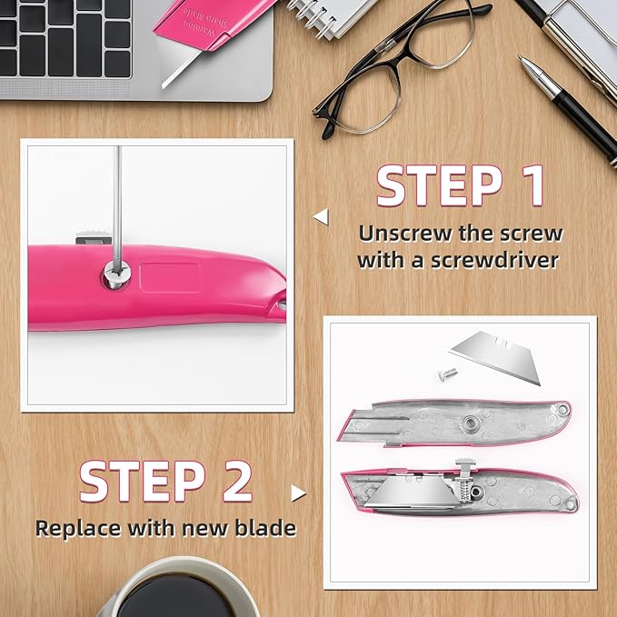 DIYSELF Utility Knife, 20 Pack Heavy Duty Box Cutter Retractable, Box Cutter Knife, Box Opener, Cardboard Cutter, Utility Knives for Garage, Home and Office, PVC Pipe Cutter (Pink)
