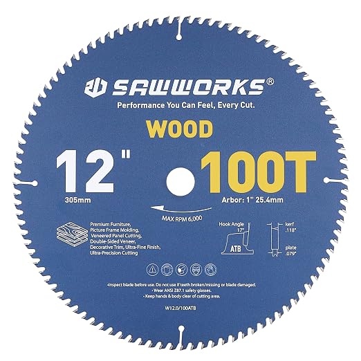 SawWorks 12" 100T ATB Carbide Circular Saw Blade, Smooth Finish for Table Saw and Miter Saw, for Detailed Trim & Molding, 1" Arbor