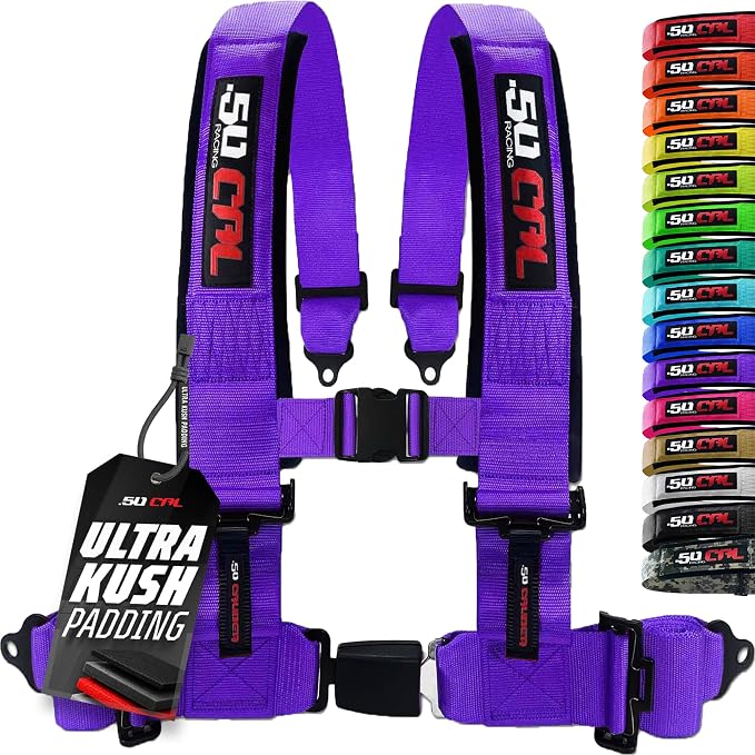 1pc 50 Cal purple 4 Point Harness 3in Straps, Racing Harness Seat Belt | Ultra Kush padding, Push Button quick release hardware. Universal Fit for UTV, RZR, race car.