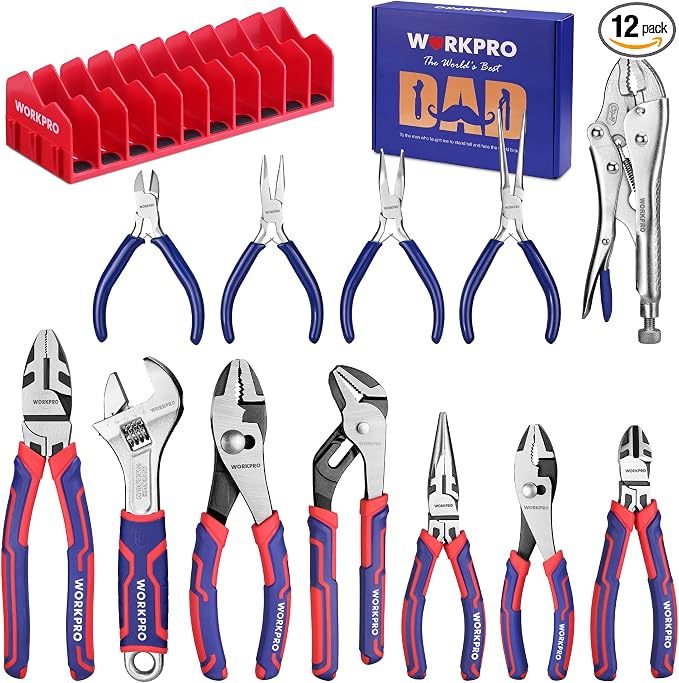 WORKPRO Pliers & Wrench Set, 12-Piece Pliers Tool Set with Organizer, Include Needle Nose, Wire Cutter, Groove Joint, Slip Joint, Long Nose, Diagonal Plier, For Home & Garage, Father's Day Suitable