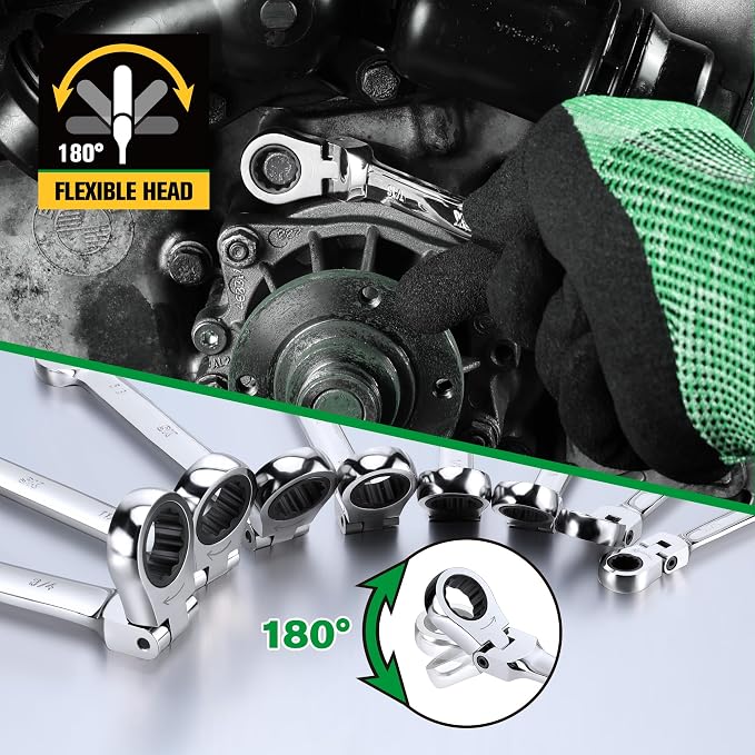 SK Flex Head Ratcheting Wrench Set, SAE 5/16" to 3/4", 8-Piece, 72-Tooth | Ratchet Wrenches Set, Combination Wrench Set, Chamfered Head Design, Premium CR-V Steel, Rack Organizer