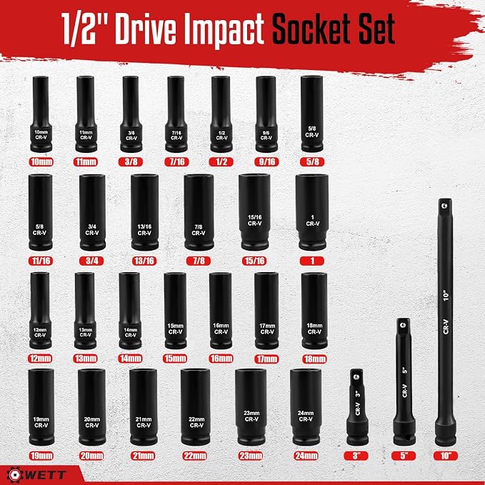 WETT Drive Deep Impact Socket Set, 29 Piece Deep Socket with Extension Bar, Cr-V Steel, SAE & Metric, 6 Point, (3/8" - 1", 10-24mm)