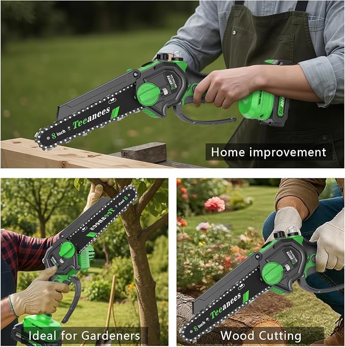 Mini Chainsaw Cordless with 2 Batteries & 8 Chains, Dual Guide Bars (8" & 6"), 1000W Electric Battery Powered Chain Saw for Tree Trimming, Wood Cutting, Garden Gift (Green)