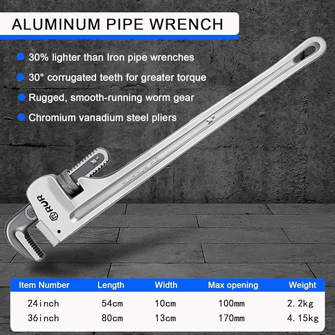 36 Inch Aluminum Pipe Wrench | Plumbers Wrench, Heavy Duty Plumbing Tools | Forged from High Carbon Steel | Suitable for Water Pipes, Plumbing, Fire Protection Pipe Tools
