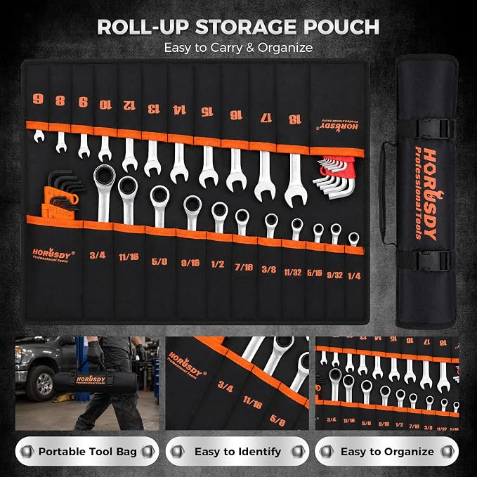 HORUSDY 48-Piece Ratcheting Wrench Set, Metric 6-18mm & SAE 1/4-3/4", Cr-V Steel 72 Teeth Ratchet Wrench with Roll Up Pouch and Hex Keys