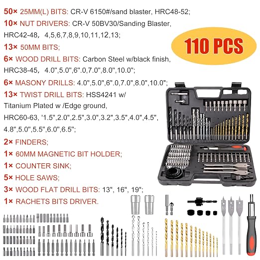 ETERNA 110pc Drill Bit Set Titanium HSS Drill Bit Screwdriver Bit Kit, with Carry Case for Metal, Masonry, Wood, Plastics Cement Drilling