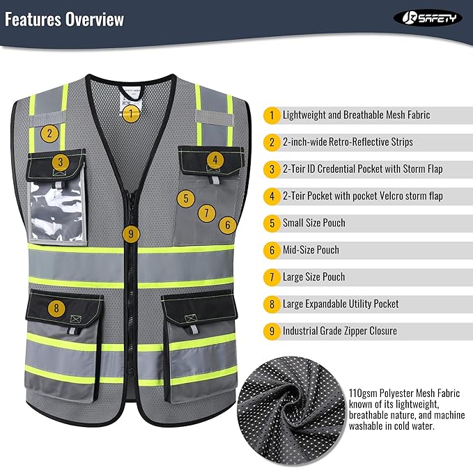 JKSafety Hi Vis Reflective Safety Vests for Men Women High Visibility Vest with Pockets Mesh Fabric Construction Safety Apparel Neon Vest for Work (220-Grey XXL)