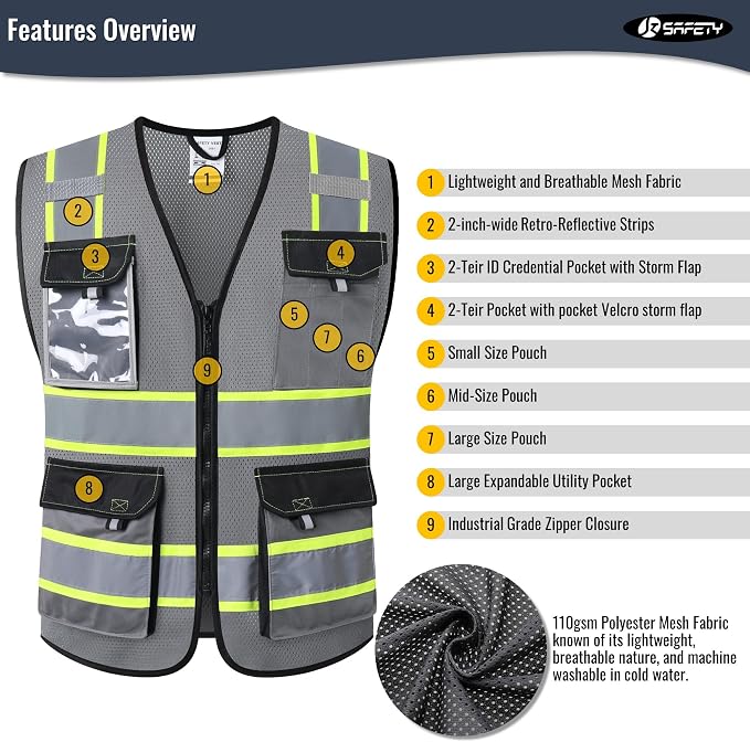 JKSafety Hi Vis Reflective Safety Vests for Men Women High Visibility Vest with Pockets Mesh Fabric Construction Safety Apparel Neon Vest for Work (220-Grey XL)