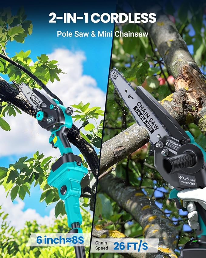 8" Electric Pole Saws for Tree Trimming,Brushless Mini Chainsaw Cordless with Extension Pole 2 Batteries, Battery Powered Hand Held Chain Saw Pole Pruner for Cutting Tree Limbs, Gifts for Mother's Day