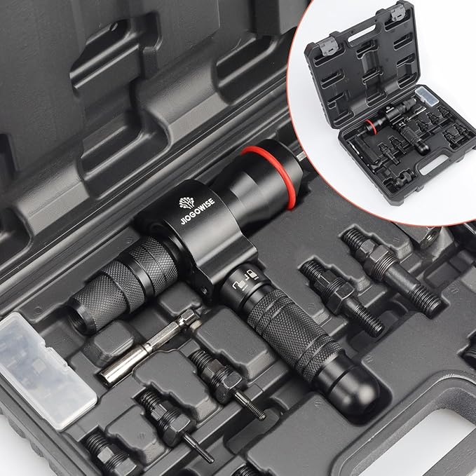 2-in-1 Design Cordless Rivet Gun Adapter and Rivet Nut Adapter,Electric Drill Tools Accessory Kit with Carry Case,7 Metric Mandrels M3 to M12, 6 Rivet Heads 2.4mm to 6.4mm