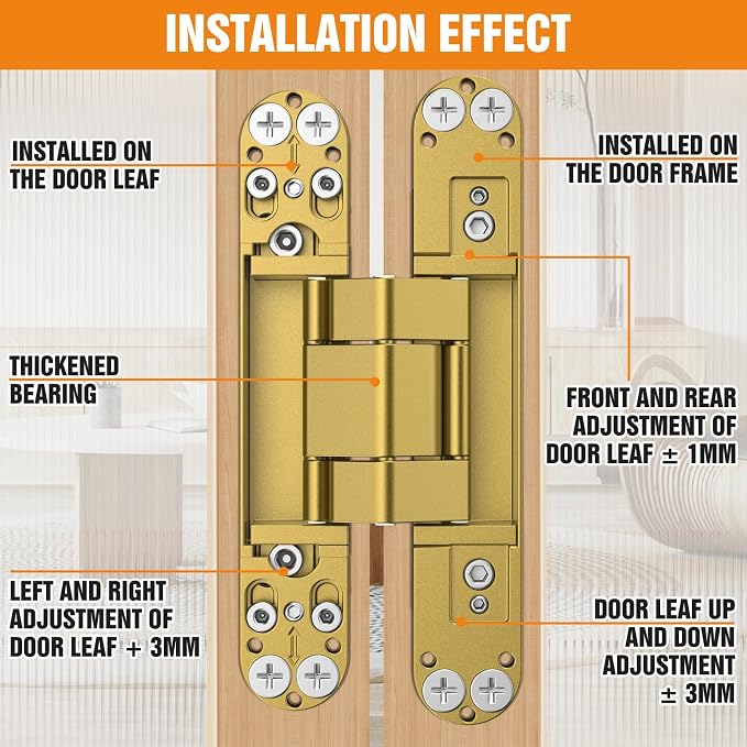 7" Hidden Door Hinge/Concealed Hinges,Invisible Hinges,Invisible Door Silent 180 Degree Swing Hinge 3-Way Adjustable Butt 7 x 2.8 x 1 (Golden, 7 inches)