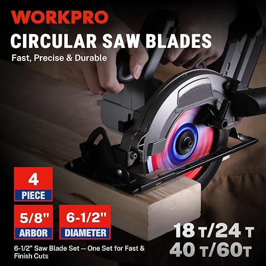WORKPRO 6-1/2 Inch Woodworking Circular Saw Blades, 18T/24T/40T/60T All-Purpose Wood Cutting Variety, Thin Kerf, Carbide Tipped, ATB Tooth, 4-Pack