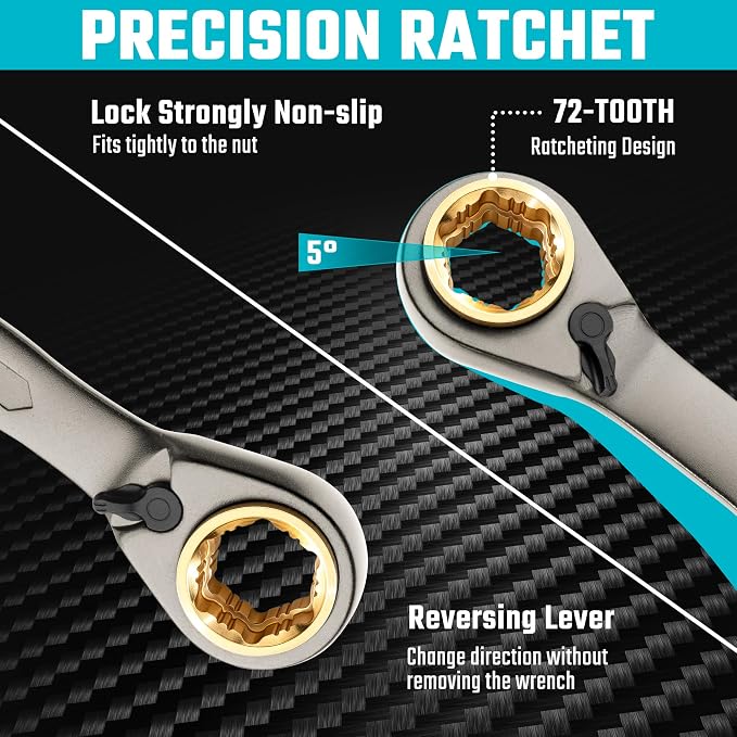 DURATECH Anti-slip 4-in-1 Reversible Ratcheting Box Wrench Set | Double Box End, Metric, 2-Piece, 8, 10, 12, 13 & 14, 15, 17, 19 mm, CR-V Steel, Nickel Plated, with Rolling Pouch