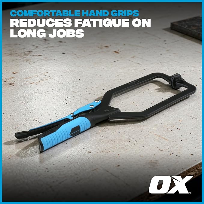 OX Auto Adjust 10-Inch Long Reach C Clamp w/Swivel Pad Locking Pliers - Vise Grip Style Welding Clamp for Woodworking & Metalworking - Professional Grade Face Clamp with Rubber Grip Handle
