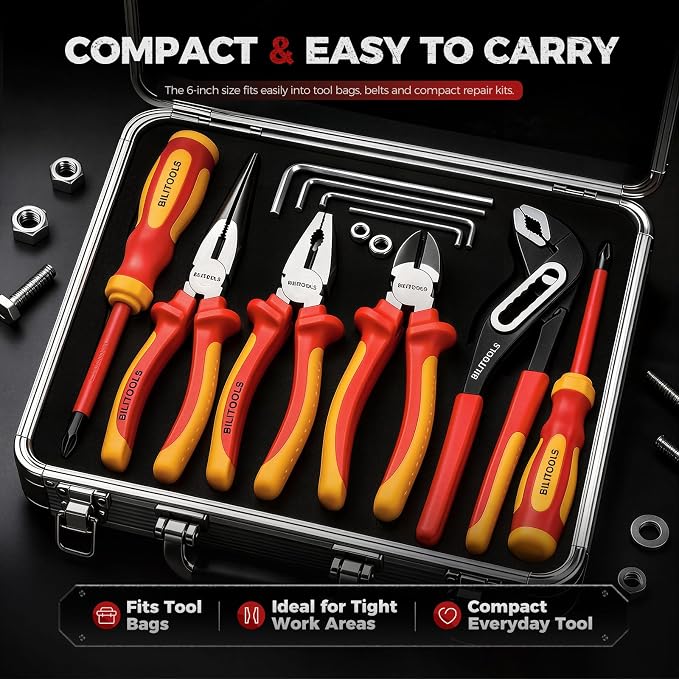 BILITOOLS 1000V Insulated Flat Nose Pliers, 6 inch, Wide Jaws, Cr-V Steel