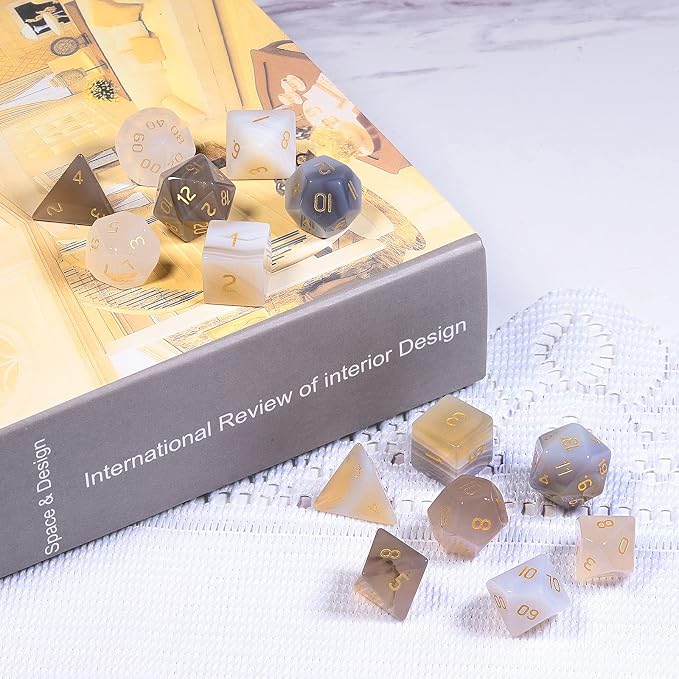mookaitedecor 7 PCS Grey Agate Crystal Polyhedral DND Dice Set, Polished Tumbled Stones Dices for RPG MTG Table Games Home Decoration