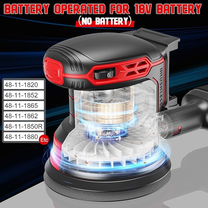 Cordless Orbital Sander Compatible For Milwaukee 18V, Electric Orbit Sander with Brushless 12000 RPM 6 Variable discs Speed Sander Machine With Dust Collector for Woodworking Sanding (No Battery)