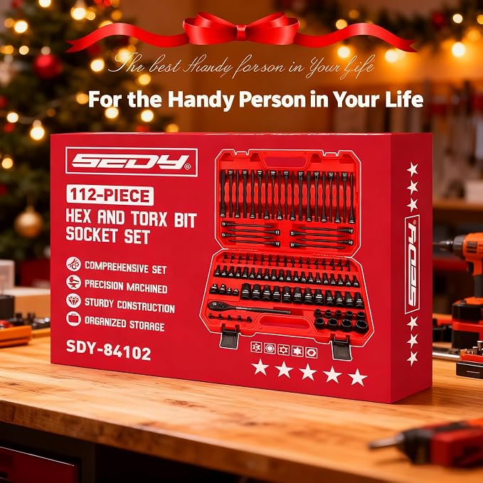112-Piece Torx and Allen Bit Socket Set, 1/4", 3/8",1/2" Drive Bit Socket Set with Quick-Release Ratchet Wrench, Adapters, Extra long torx/Tamper proof torx/Hex/Ball End Hex/E-Trox,SAE/Metric,S2 Steel