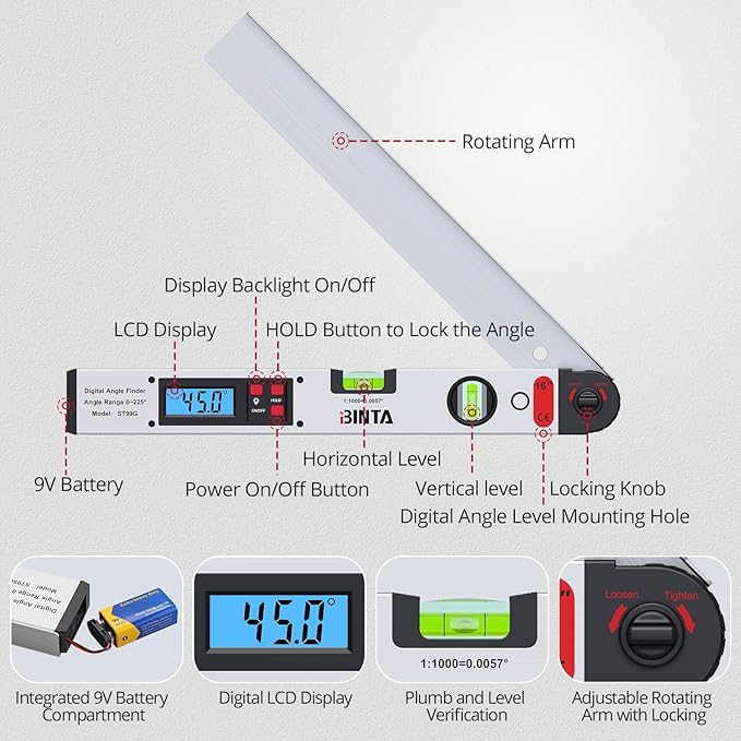 BINTA Digital Angle Finder Protractor 0-225° High Precision Measuring Tool Aluminum with Backlit LCD Display Horizontal Vertical Bubble Levels Storage Bag for Woodworking Construction Carpentry Silver