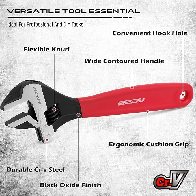 SEDY Adjustable Wrench Set Pipe Spanner: 6" 8" 10" Wide Jaw Black Oxide Wrench With Cushion Grip, Laser Marked Metric & SAE Scales, CR-V Steel for Professional