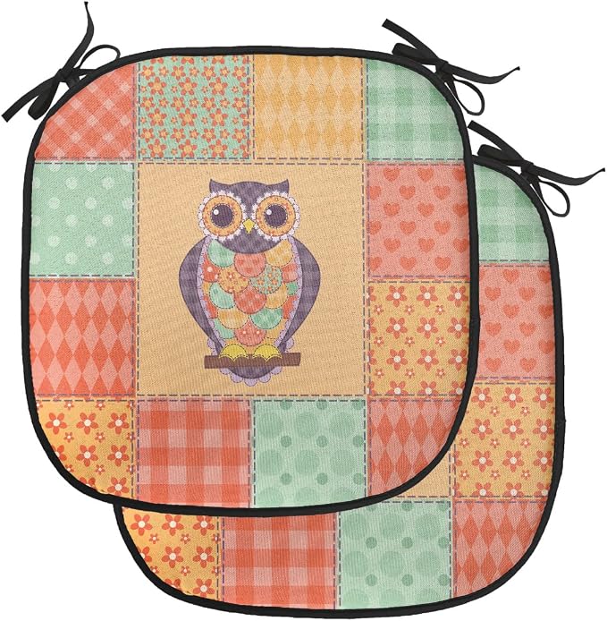 Lunarable Owls Chair Cushion Pads Set of 2, Owl on Spotted Striped Patchwork Background Vintage Crafting Design Art, Anti-Slip Seat Padding for Kitchen & Patio, 16"x16", Orange Mint Green Mauve
