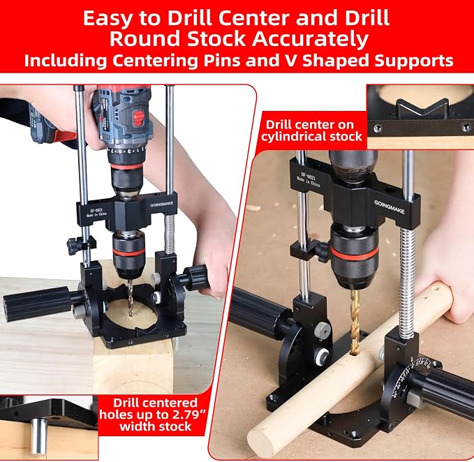 GOINGMAKE Portable Drill Guide with Positive Angle Stops from -60° to 60°, Adjustable Portable Drill Press with 1/2“ Chuck, Precision Drilling Jig Attachment for Drilling Straight and Angle Holes