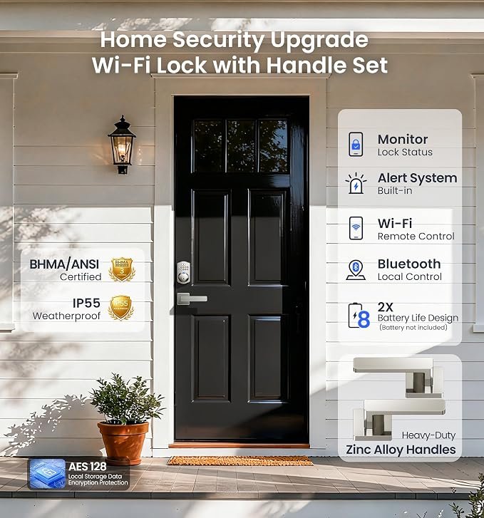 Veise VE012W-L WiFi Fingerprint Deadbolt Lock with Handle Set, Satin Nickel | Built-in WiFi, APP Remote & Voice Control, Real-time Alert, Smart Keyless Entry for Front Door, Back-Lit Keypad, Auto Lock