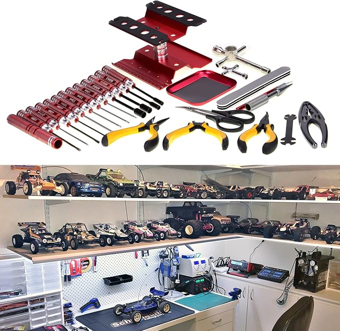 RC Car Tool Kit (27pcs), Screwdriver Set (Flat, Phillips, Hex), Pliers, Cross Wrench, Body Reamer, Stand, Polished Bar Hobby Repair Tools for Traxxas Car Quadcopter Drone Helicopter Airplane