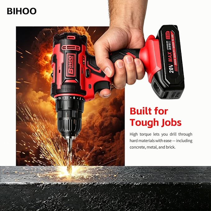 Cordless Drill Set,20V Drill Driver with Battery and Charger,3/8-Inch Keyless Chuck, Variable Speed,with Drills Bits Set,Red