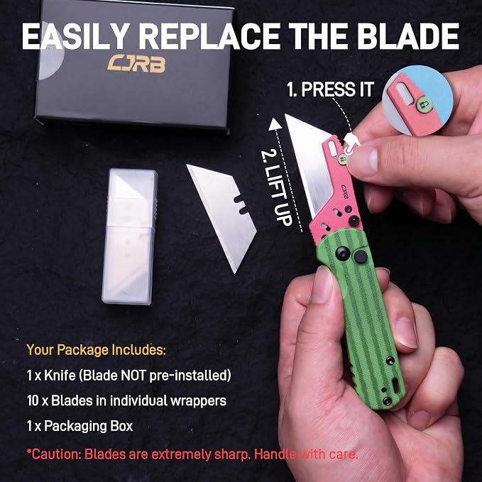 CJRB Boxer Folding Utility Knife, Button Lock EDC Pocket Knife with G10 Handle, Includes 10PCS Total Blades(J1967 Watermelon Green)