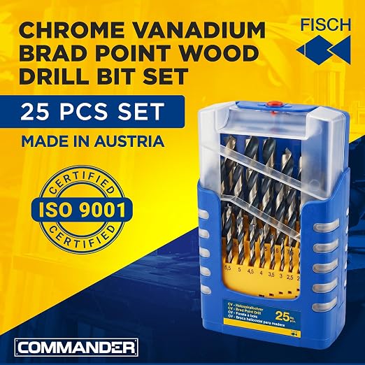 Fisch Brad Point Drill Bit Set, 25-Piece Chrome Vanadium Wood Drill Bits, Sizes from 1mm - 13mm" FSF-364740