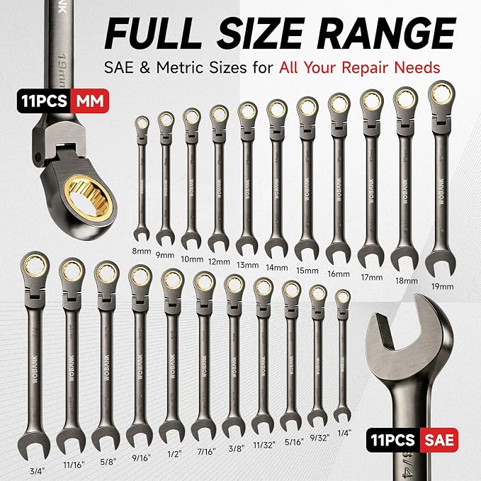 22-Piece Ratcheting Wrench Set, Flex Head Combination Wrenches Set with Organizer Box, Metric 8-19mm and SAE 1/4" to 3/4" Size, 12 Points 72-Teeth, Nickel Plating
