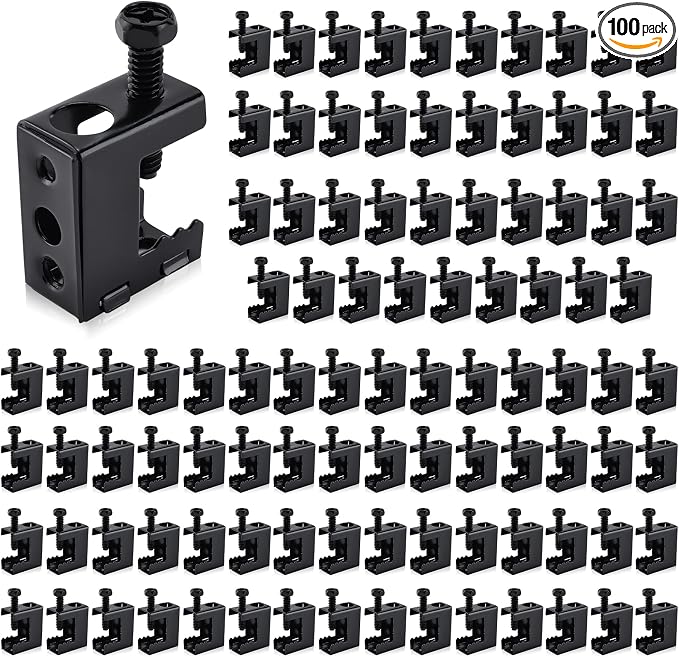 100pcs Spring Steel Beam Clamps 1/4"-20 Metal Beam Hangers Bolt on Clamp for 1/4" and 3/8" Threaded Rod, S-hooks and Bridle Rings, Black